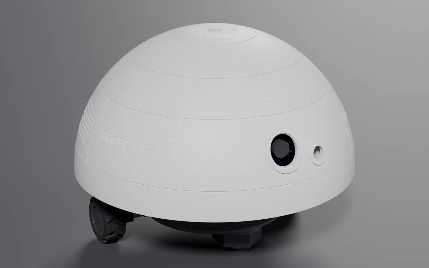 PROBE LX-3 rendered from the front three-quarter: a white dome on a black base with two treaded wheels
